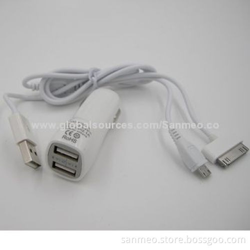 3-in-1 Dual USB Port Car Charger for iPhone/iPad/Micro USB, Simple Clean/Fashionable DesignNew
